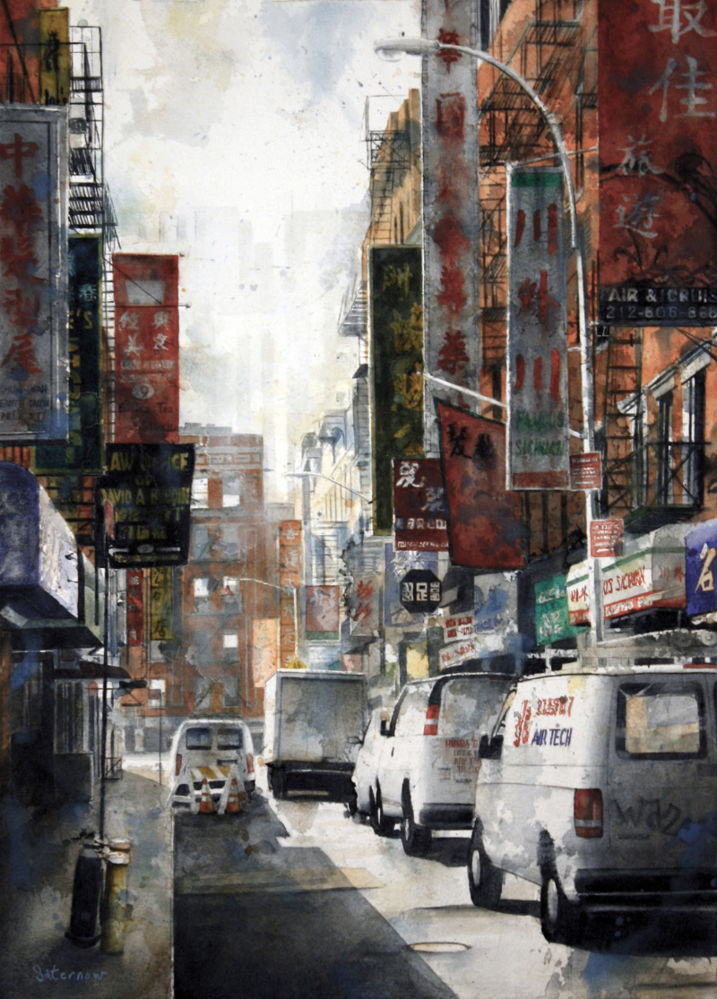 watercolor painting by Tim Saternow showing a narrow street in New York City